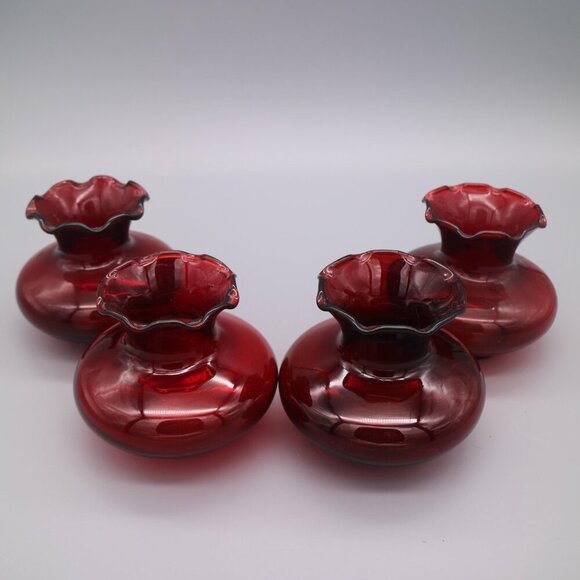 Vintage American Anchor Hocking Ruby Red Flared Ruffle Top 3" Vases Set of 4 - Picture 7 of 7